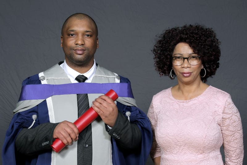 First KZN trained Nuclear Physician Dr Alphonse Msomi celebrates his graduation with his mom Ntombizodwa Msomi.